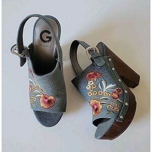 G By Guess Soulful Embroidered Denim Heels 8 Open Toe Slingback Boho Chic Hippie